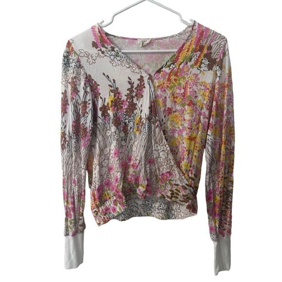 Tiny Tops - Tiny Anthropologie Multicolored Floral Faux Wrap Long Sleeve Top size S Vibrant